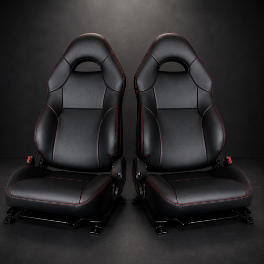 Toyota Celica T230 black seat covers with red stitching for 1999-2006 models featuring OEM-style replacement upholstery and sporty interior styling