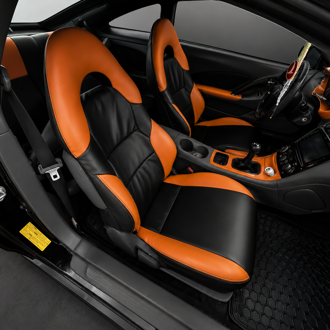 Toyota Celica T230 orange and black OEM replacement seat covers for 1999-2006 models with sporty custom interior styling