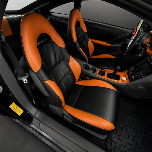 Toyota Celica T230 orange and black OEM replacement seat covers for 1999-2006 models with sporty custom interior styling