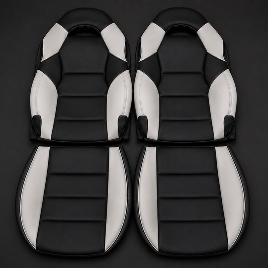 Toyota Celica T230 white and black OEM replacement seat covers for 1999-2006 models with sporty custom interior styling